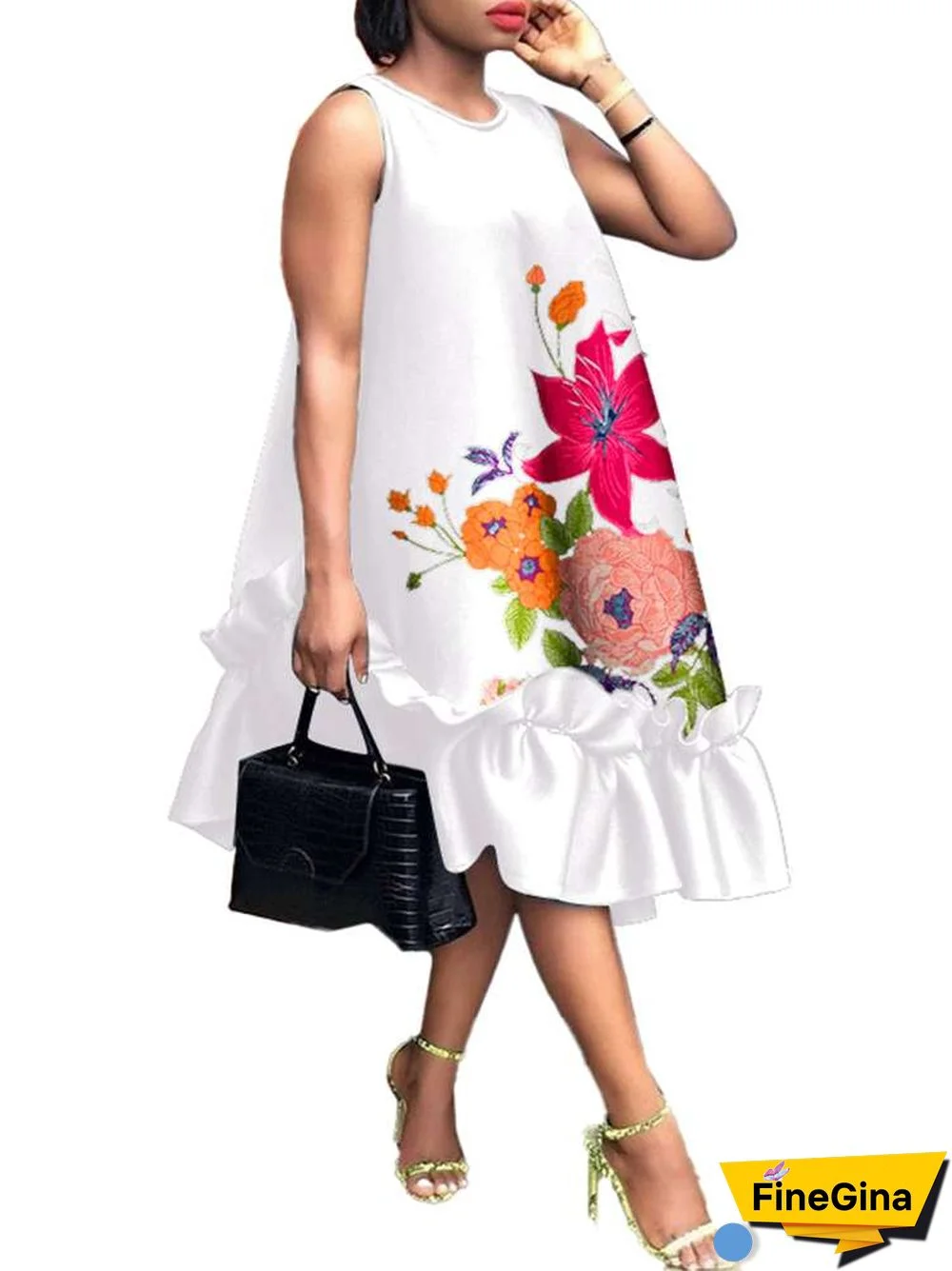 Women Elegant Midi Dress Summer Party Long Dresses VONDA Sexy Sleeveless Fashion Beach Floral Print Ruffled Tank Vestidos