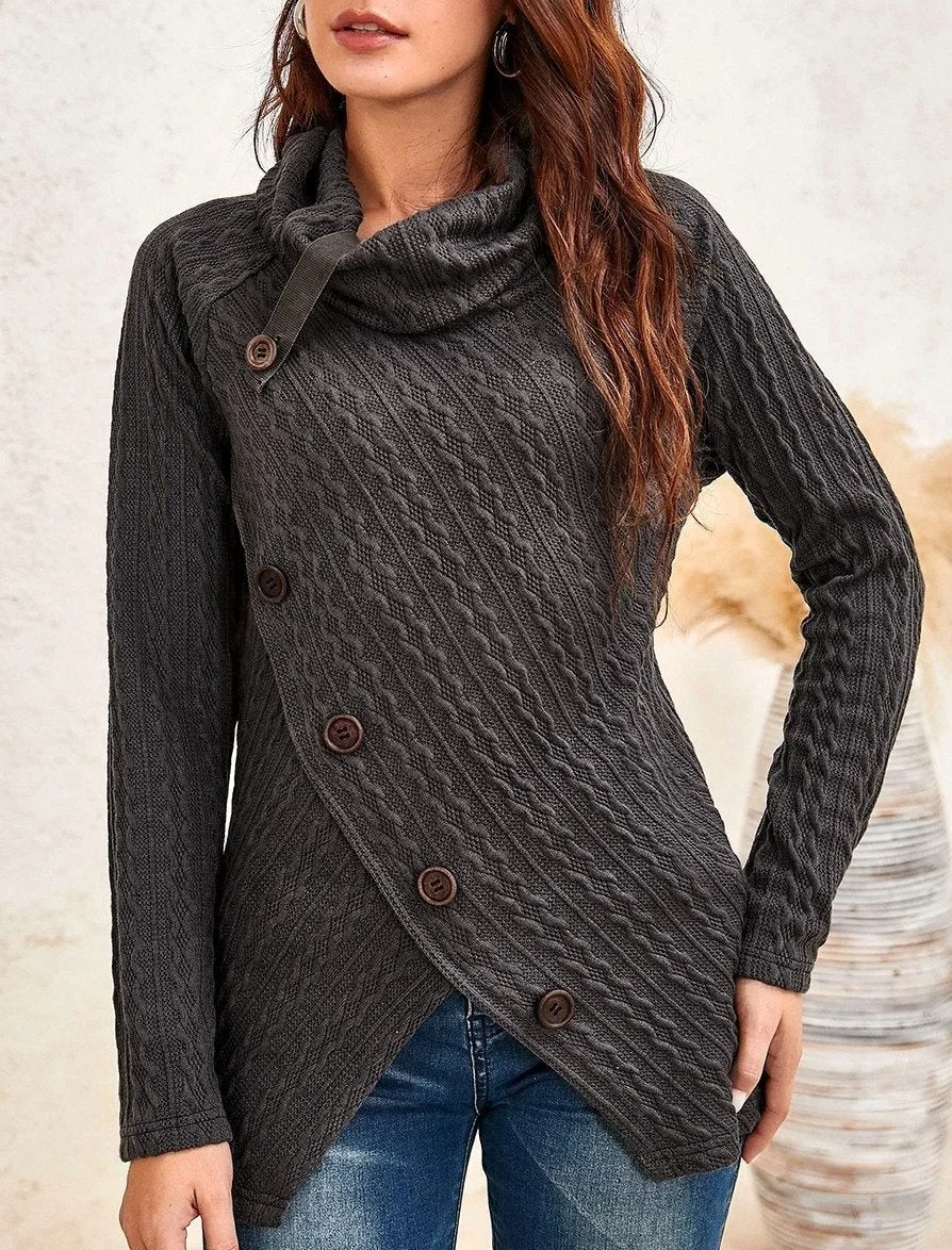 Women's Solid Cable High-Neck Long-Sleeved Sweater