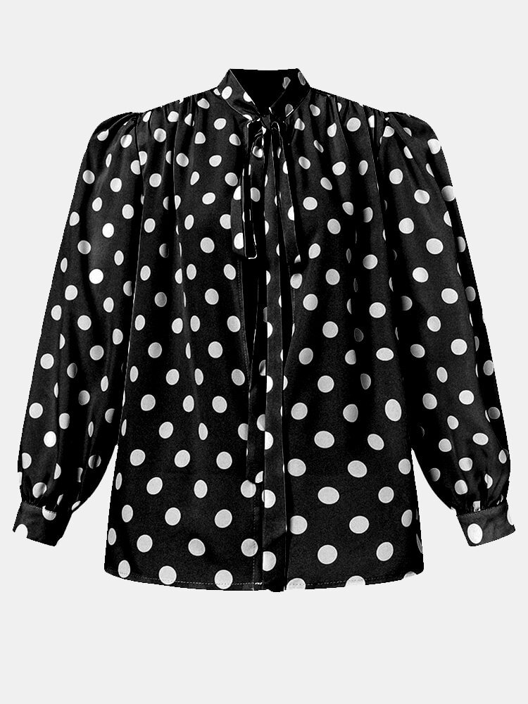 Dot Print Puff Long Sleeve Loose Knotted Blouse For Women P1808549