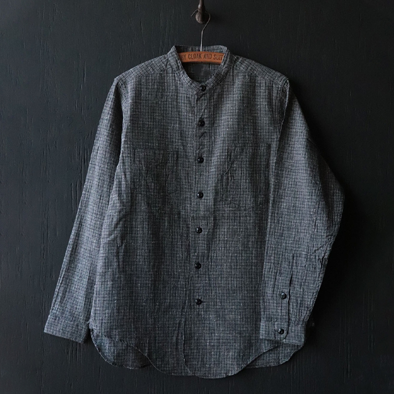 Men’s Mandarin Collar Checkered Charcoal Gray Shirt