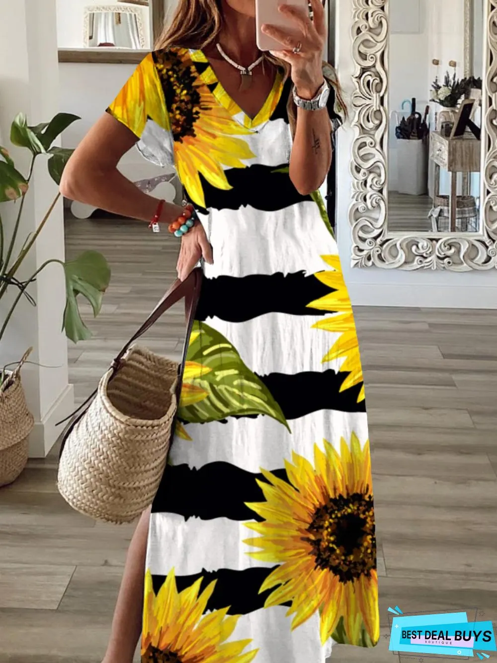 Casual Sunflower Short Sleeve V Neck Printed Dress