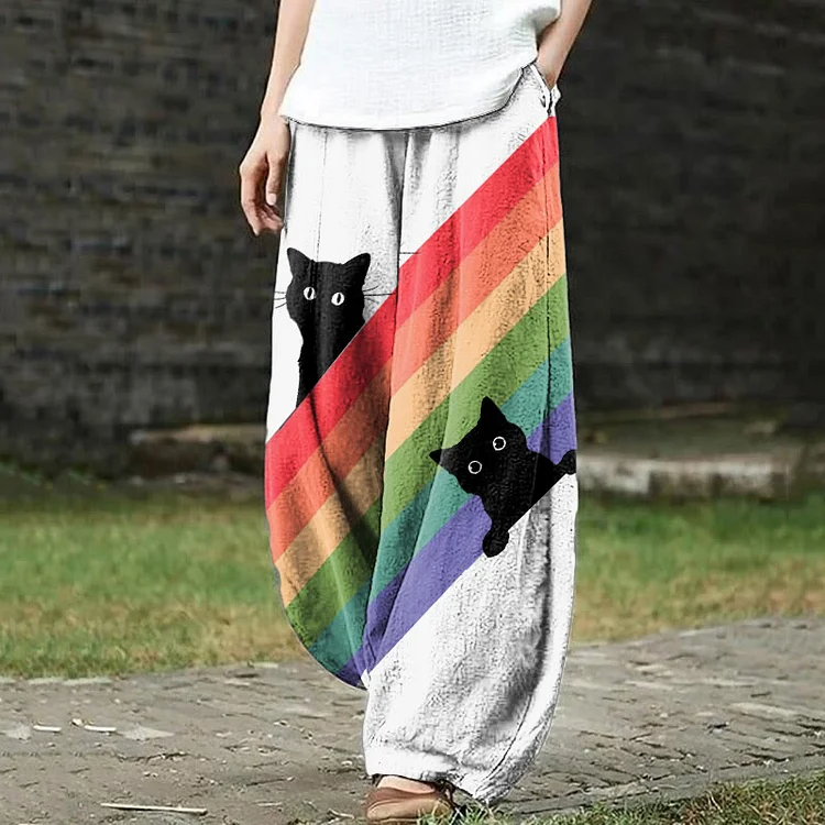 Black Cat In The Rainbow Print Pants