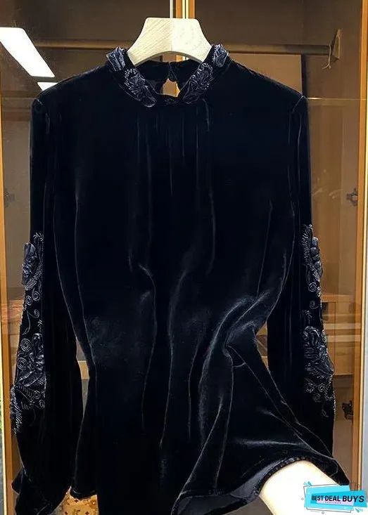 Women Pink Stand Collar Embroideried Velour Top Long Sleeve