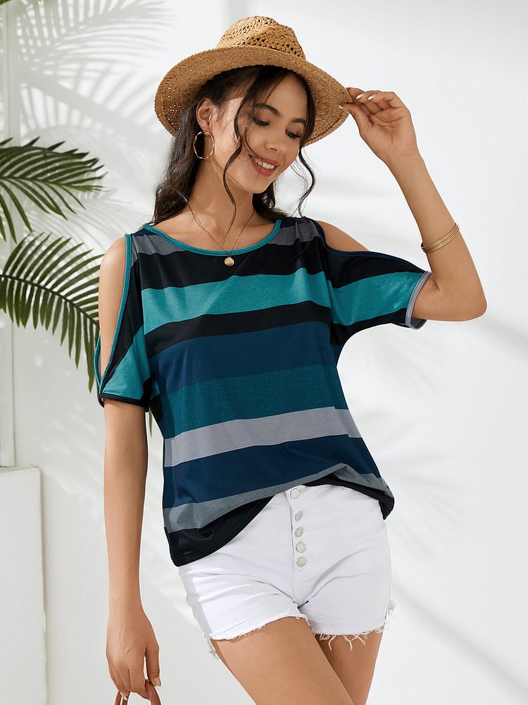 Colorful Striped Crew Neck Cut Out Short Sleeve T-Shirt