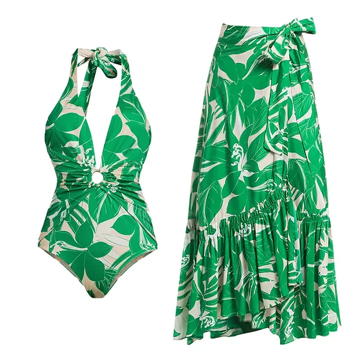 V Neck Halter Printed One Piece Swimsuit and Skirt Flaxmaker