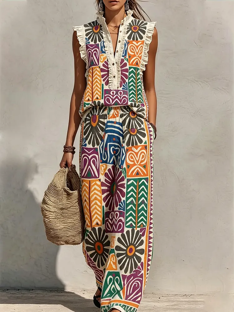 Women&rsquo;s Geometric Floral Art Print Two-Piece Set