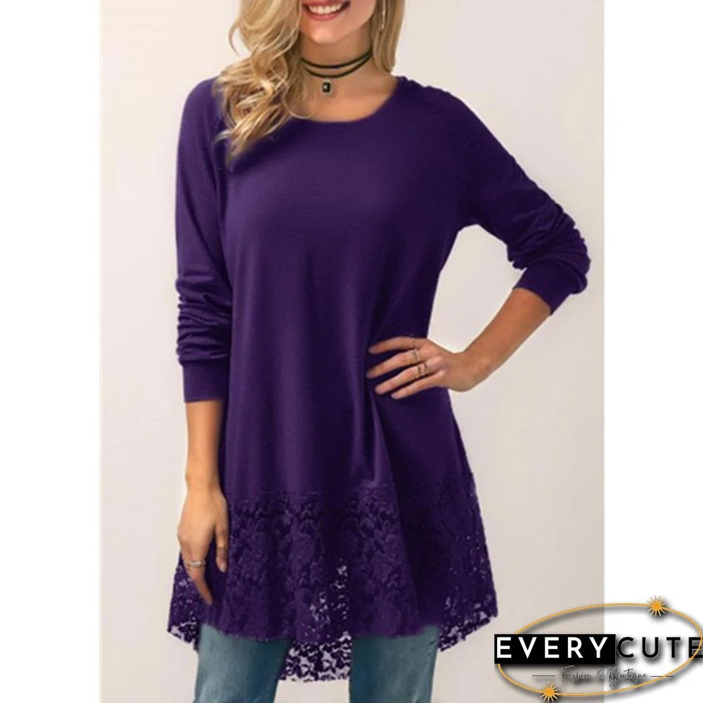 Women Fashion Solid Color Hoodies Long Sleeved T-shirt Autumn Lace Hooded Sweater Plus Size