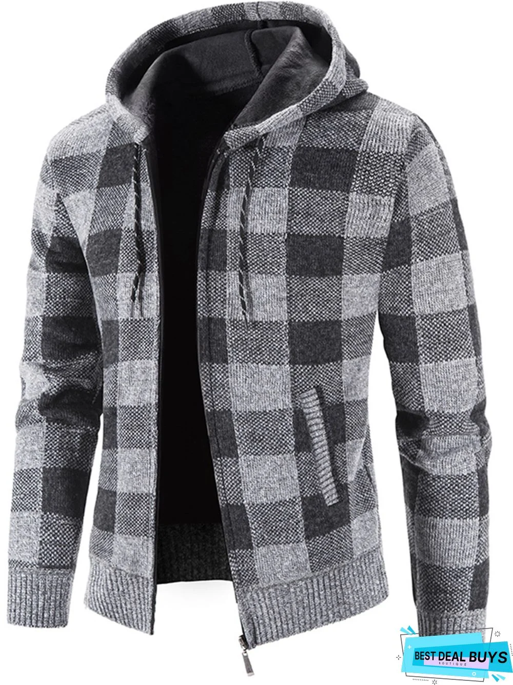 Men's Plaid Color Matching Hooded Loose Long Sleeve Sweater Coat