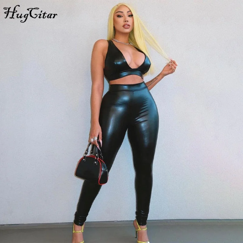 Hugcitar 2020 Sleeveless Solid Pu Leather Backless Bra Top Leggings 2 Pieces Set Autumn Winter Women Sexy Streetwear Tracksuit