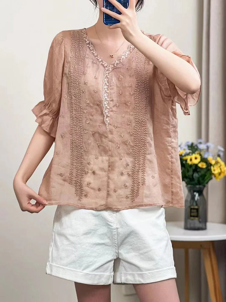 Women Vintage Embroidery Lacework Collar Loose Shirt