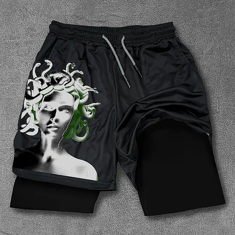 Medusa Arts Print Graphic Double Layer Gym Shorts SOPULA