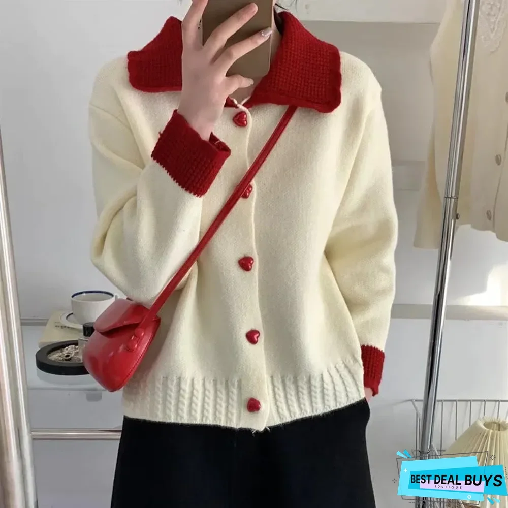 Love Loose Contrast Lapel Knit Cardigan