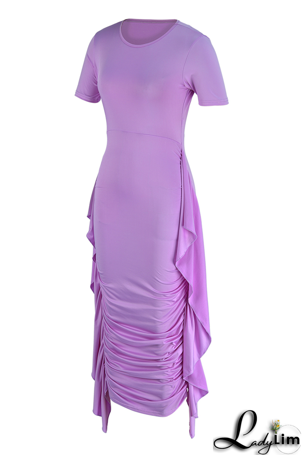 Yellow Fashion Solid Flounce Fold O Neck Pencil Skirt Dresses