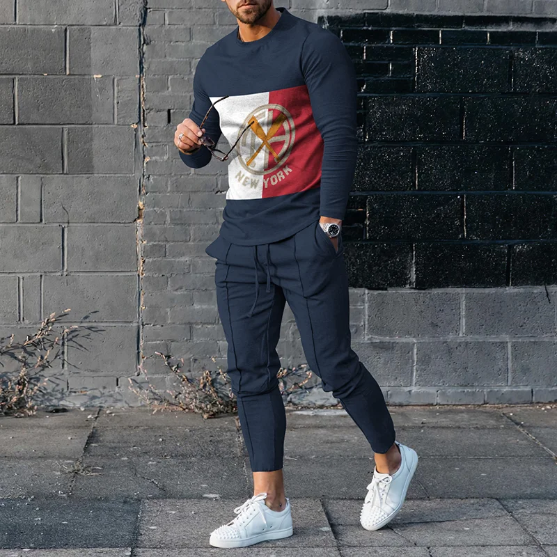 Contrasting Baseball Print T-Shirt And Pants Two Piece Set