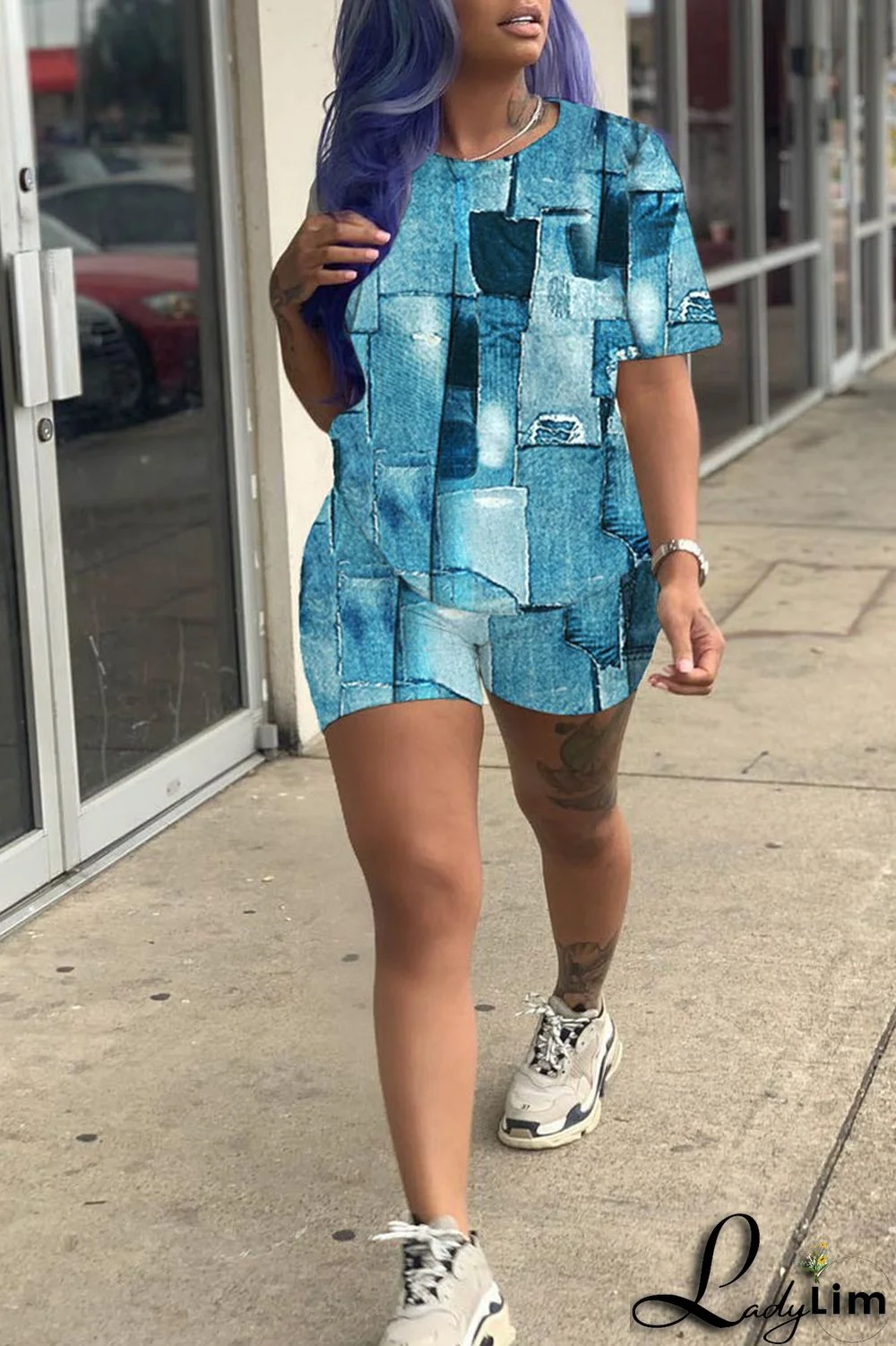 Black Casual Print Patchwork O Neck Short Sleeve Two Pieces