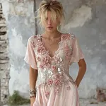 Vintage Pink Boho Floral Art V Neck Cozy Linen Maxi Dress - Image 2