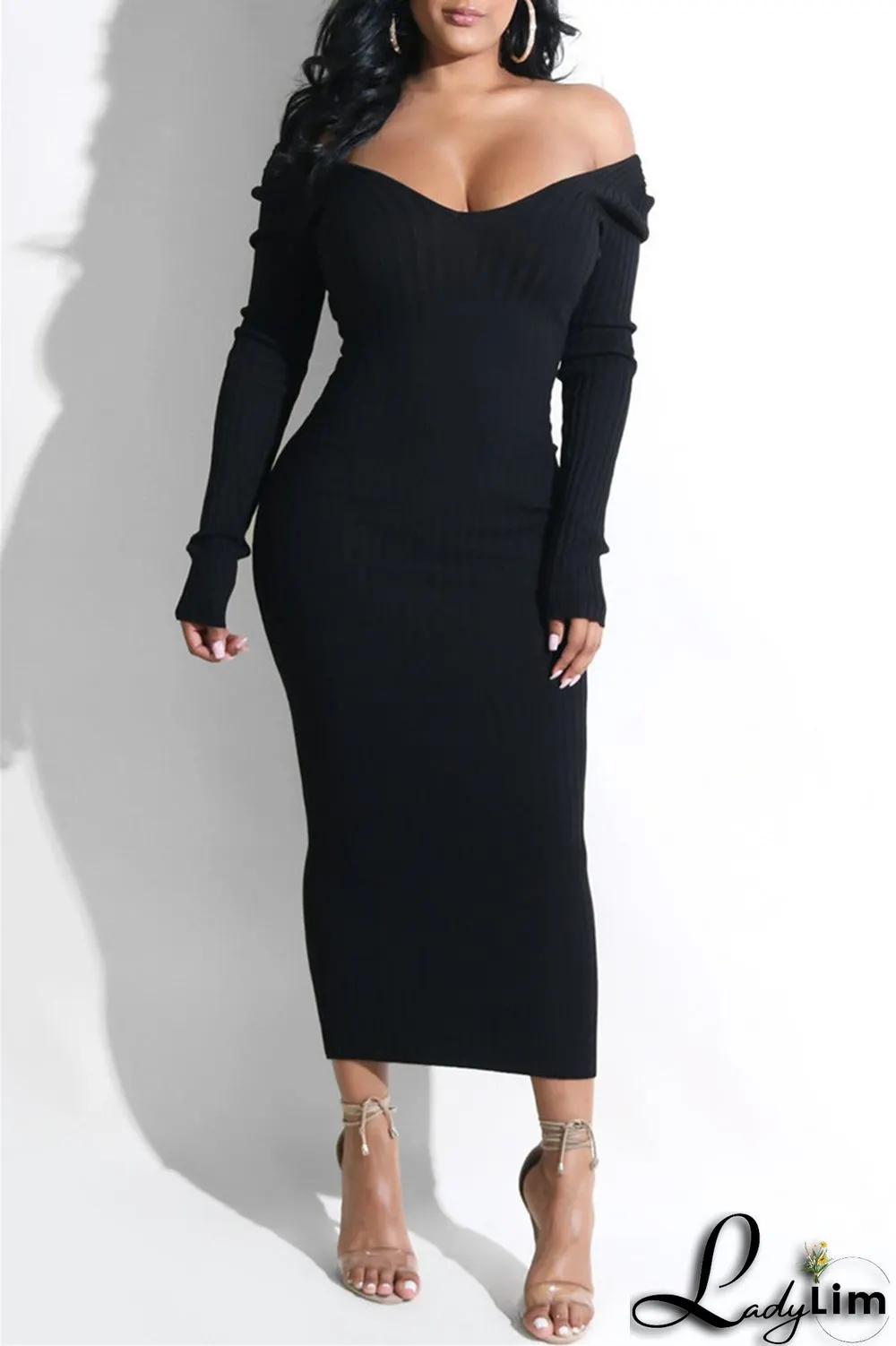 Black Fashion Casual Solid Basic V Neck Long Sleeve Dresses