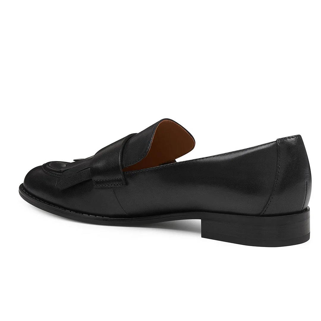 YDN Vegan Leather Round Toe Fringe Inlay Women's Loafers in Black