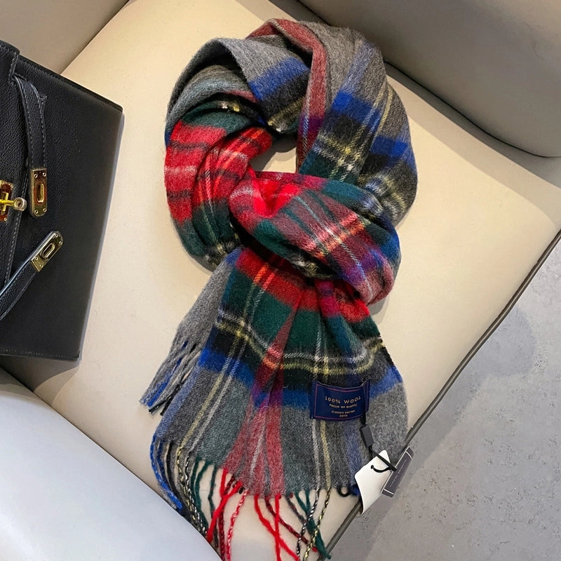 100% Wool Scarf Men's Winter Cashmere New Red Gift Box Packaging Gray Men's Plaid Scarf