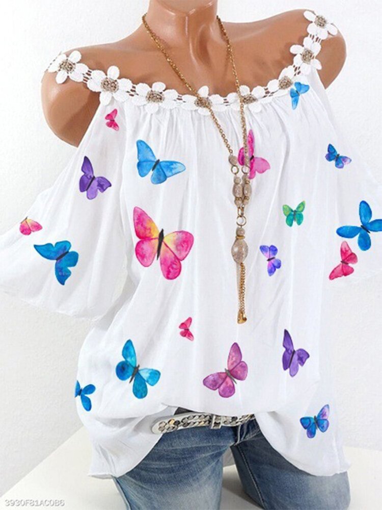 Colorful Butterflies Print Cold Shoulder Short Sleeve Blouse P1657544