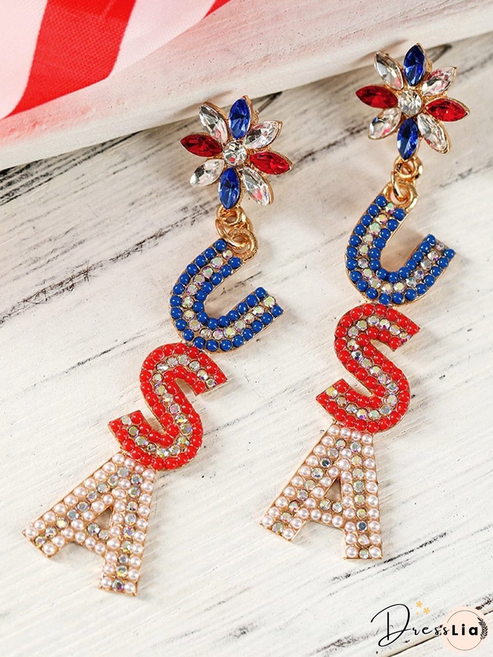 USA Letter Beaded Rhinestone Colorblock Earrings