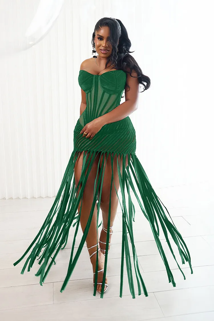 Strapless Semi-Sheer Corset Fringe Party Maxi Dresses-Black