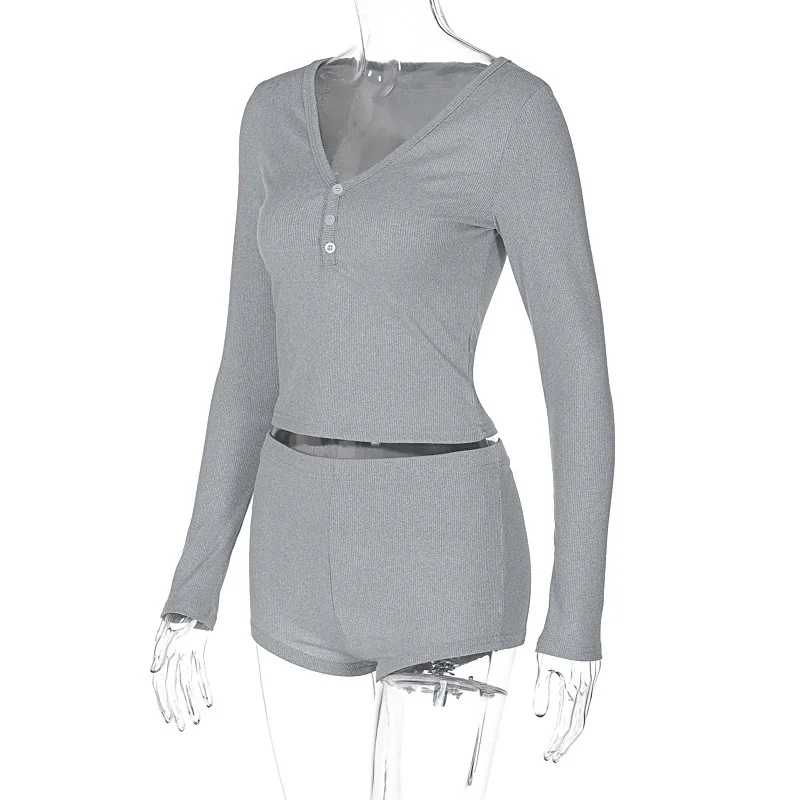 Uveng 2024 Women's Sexy Low-Breast V-Neck Long-Sleeved Top Sports Style Shorts Two-Set