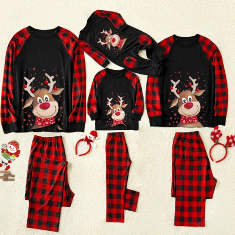 Christmas Deer Print Buffalo Plaid Family Matching Pajamas Sets(Black)