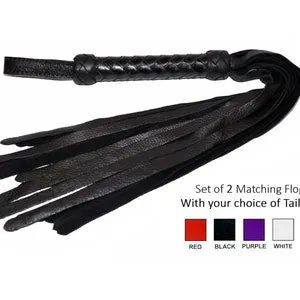 pornhint Pornhint Leather  Florentine Flogger Set - Pair of Two Matching Floggers - Black Braided Handle with Your Choice of Tail Colour