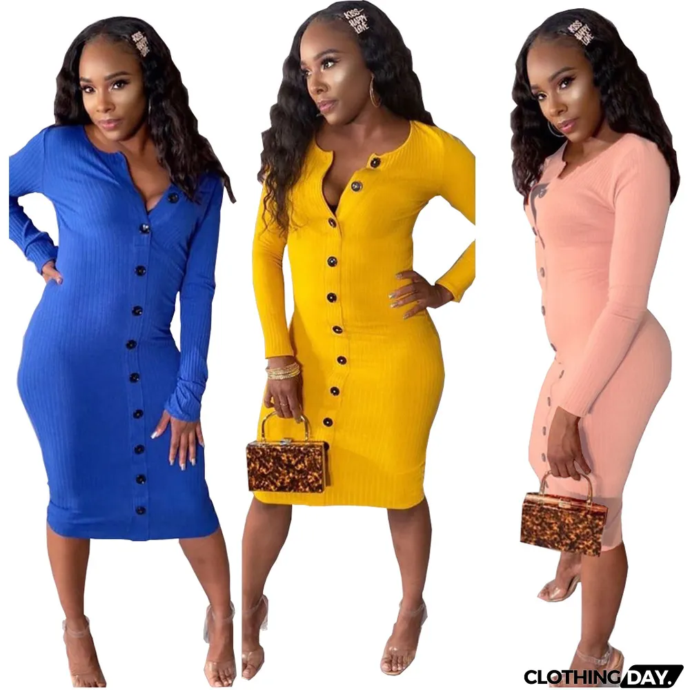 Solid Color Pit-strip Button Dress