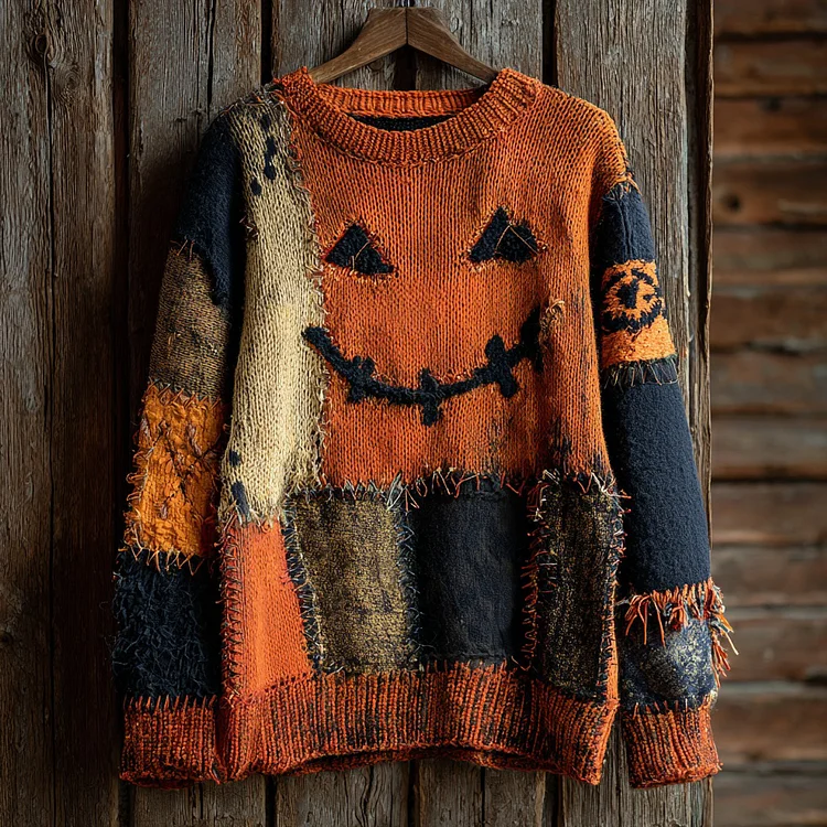 Halloween Pumpkin Face Contrast Stitched Cozy Knit Sweater