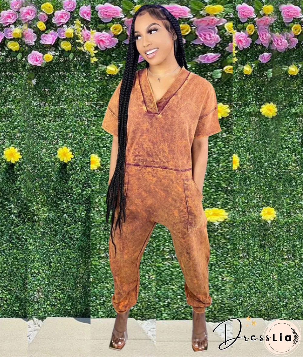 Loose Short Sleeve V Neck Long Harem Jumpsuits