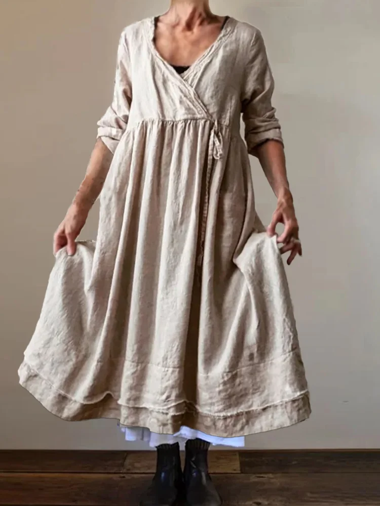 Vintage Pleated Frayed Hem Wrap V Neck Maxi Dress