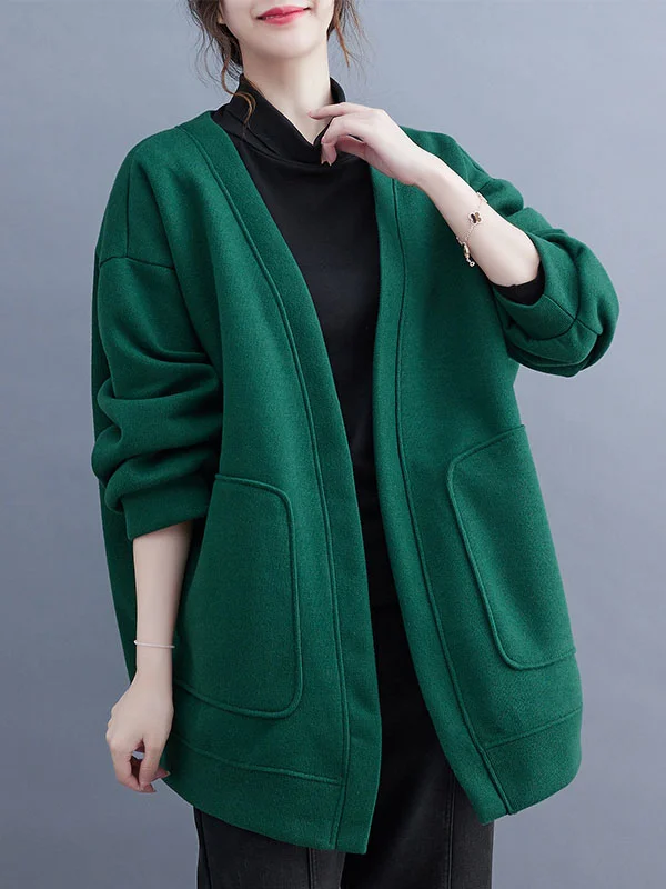 Pockets Solid Color Long Sleeves Loose Collarless Outerwear