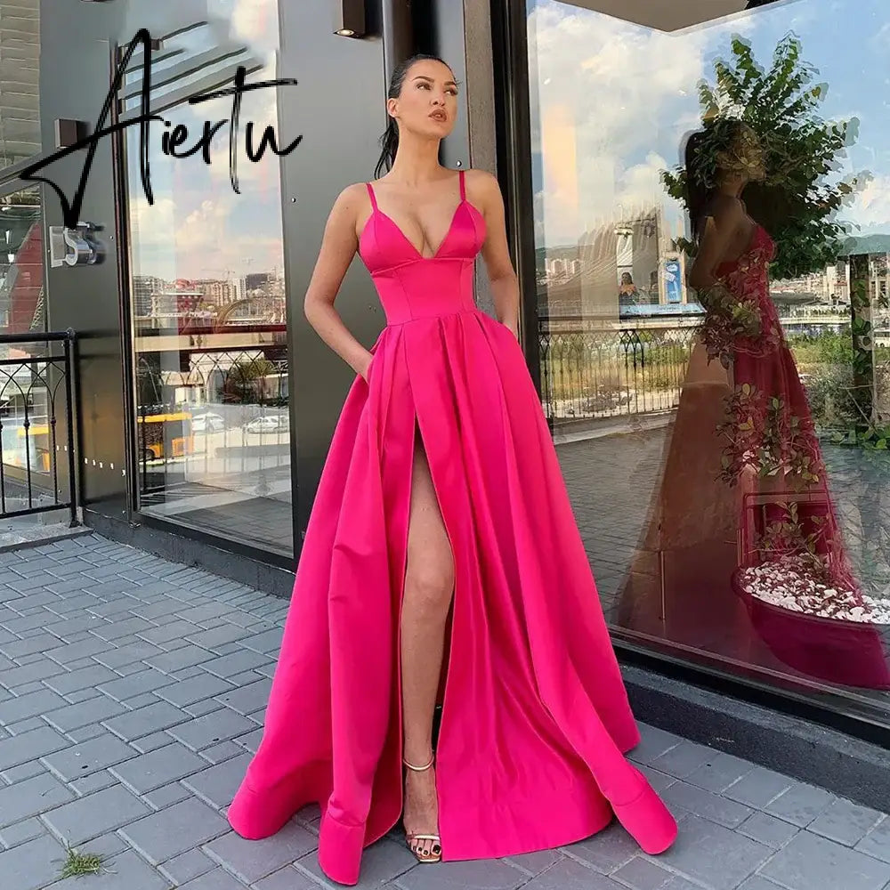 Aiertu Sexy V Neck Satin Evening Dresses Spaghetti Strap Side Slit Prom Dress High Waist Evening Gowns Party Dress Robe De Soiree Aiertu