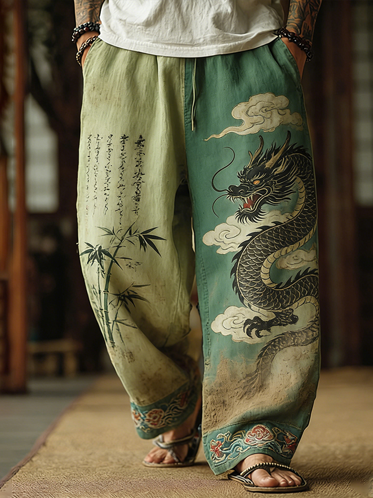 Japanese Style Dragon Totem And Bamboo Forest Art Cotton Linen Casual Pants elevenforest