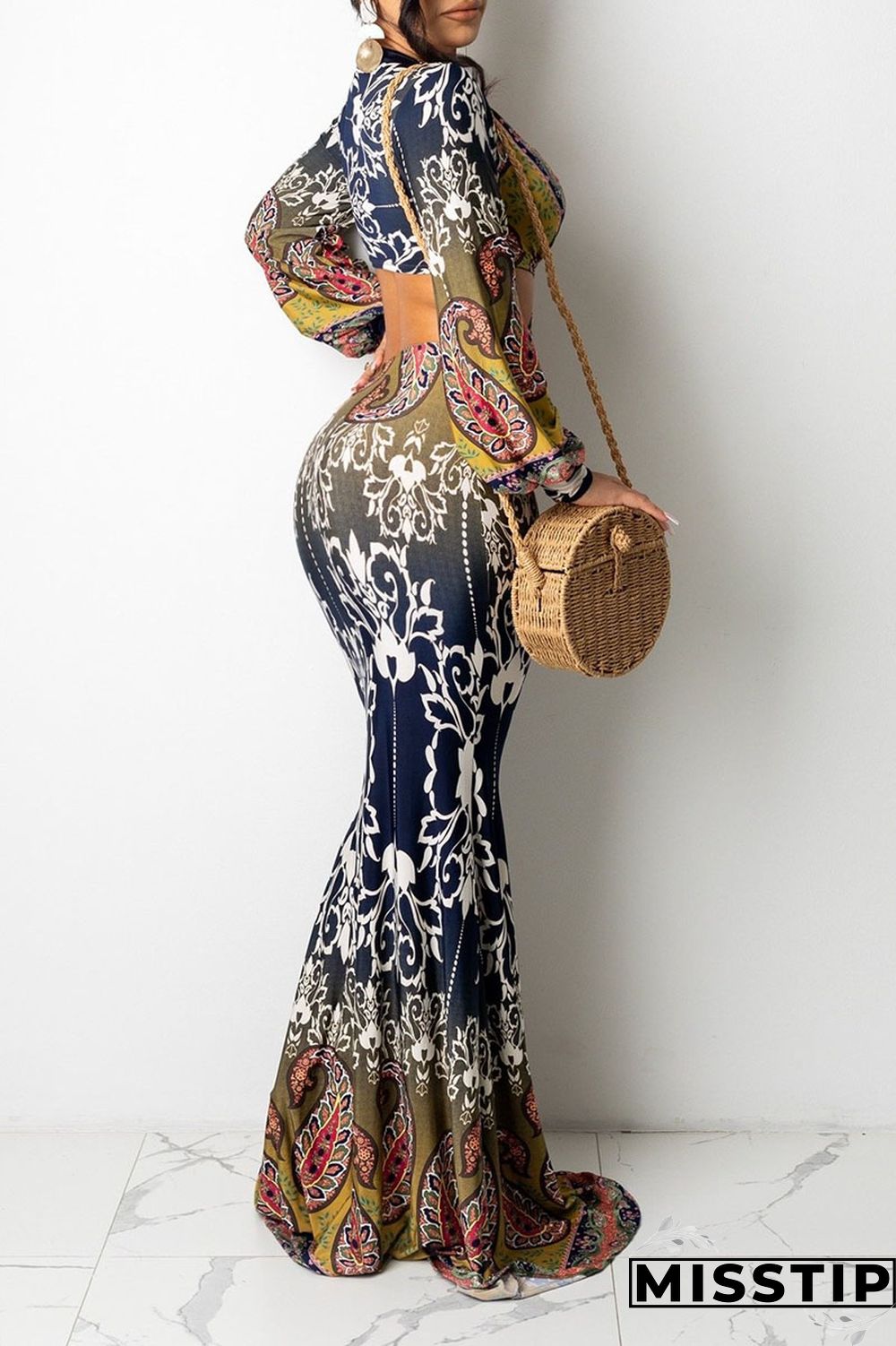Tibetan Blue Sexy Print Hollowed Out Patchwork Backless V Neck Straight Dresses