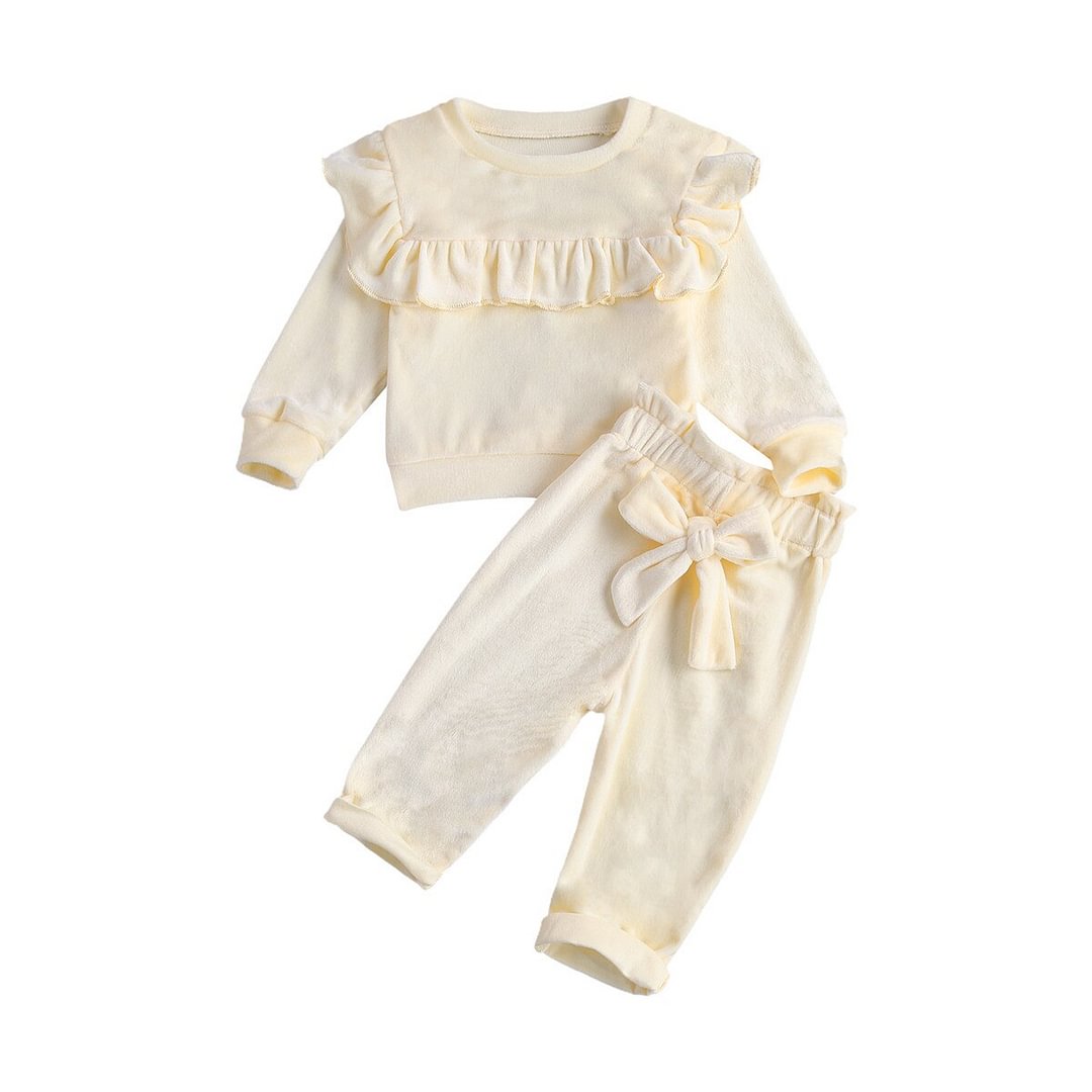 Toddler Baby Girls Smooth Velvet Flannel Outfit Sets Round Neck Ruffle Trim Top Elastic Waist Bowknot Pant Clothes Autumn Winter