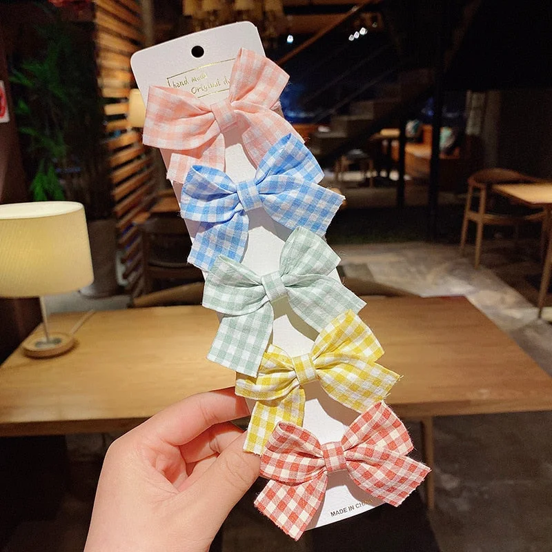 5PCS/Set New Girls Cute Plaid Print Star Hairpins For Kids Children Sweet Headband Hair Clips Barrettes Fashion Bow Accessories