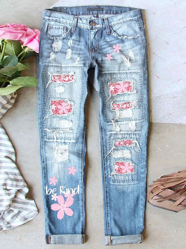 Women's Be Kind Floral Distressed Casual Jeans socialshop
