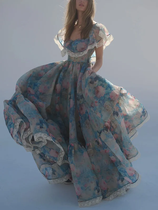 Printed Chiffon Lace Vacation Maxi Dress