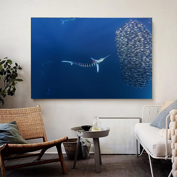 Stripe Marlin Attacks Sardine Canvas Wall Art