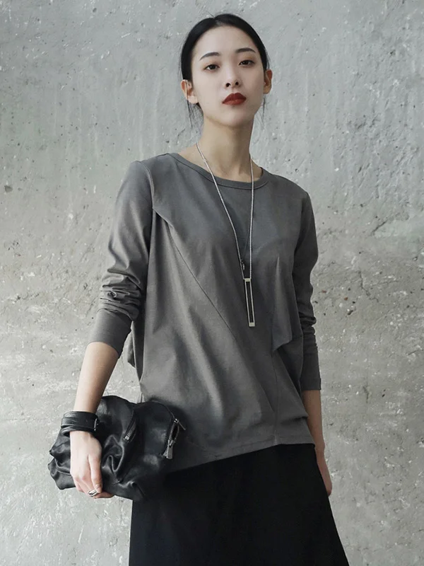 Casual Pure Color Pleated Long Sleeves Round-Neck T-Shirt Tops