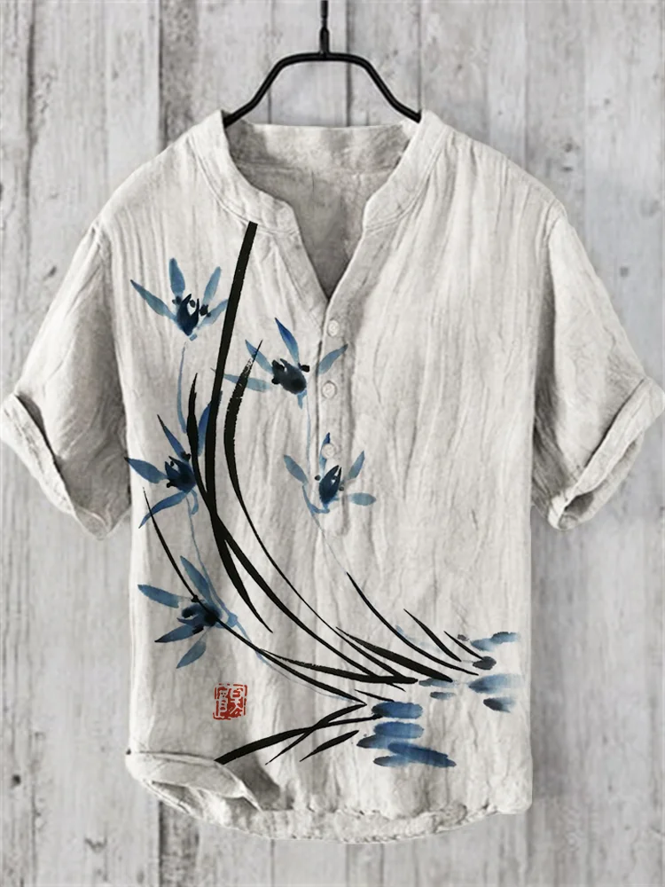 Comstylish Classy Orchid Japanese Art Linen Blend Shirt