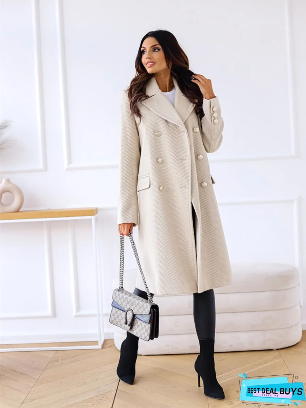 Solid Color Fashion Double-Breasted Mid-Length Coat