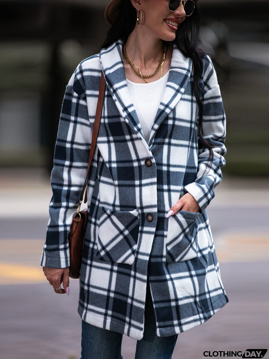 Plaid Shawl Collar Coat with Pockets