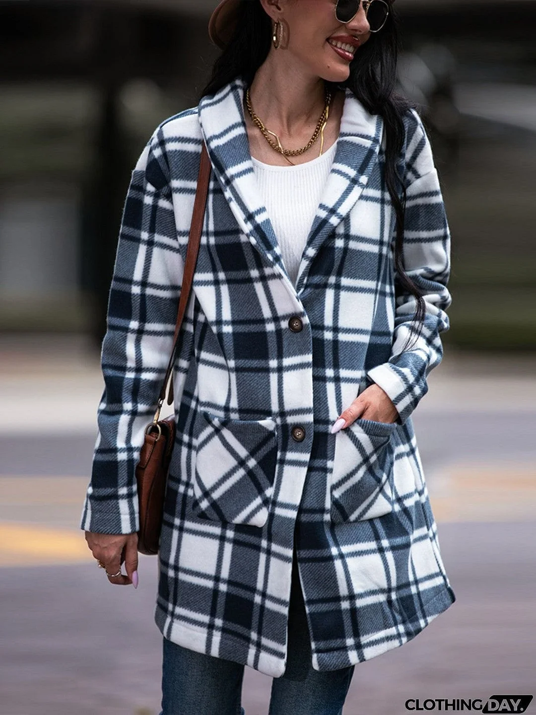 Plaid Shawl Collar Coat with Pockets