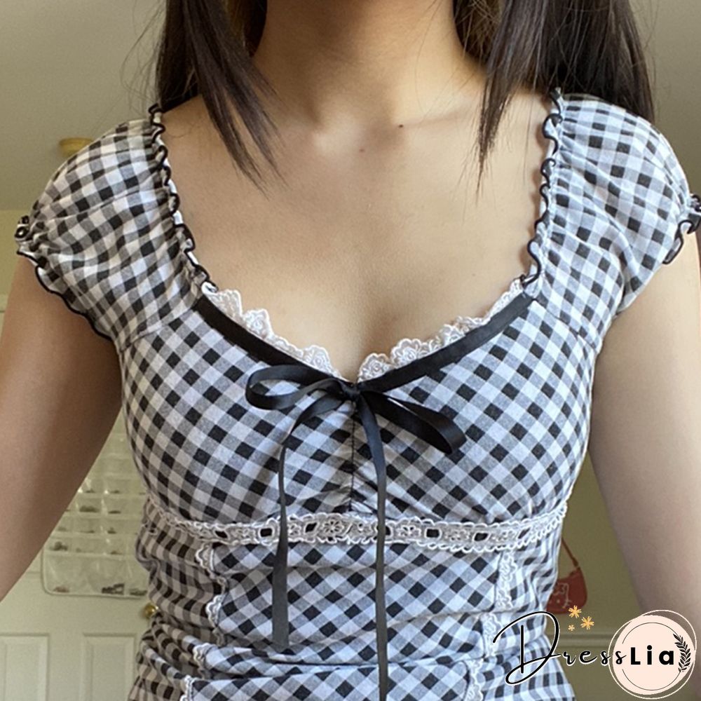 Kawaii Plaid T-Shirts Lace Crop Top Short Sleeve Slim Tees Y2k Fairycore Grunge Harajuku