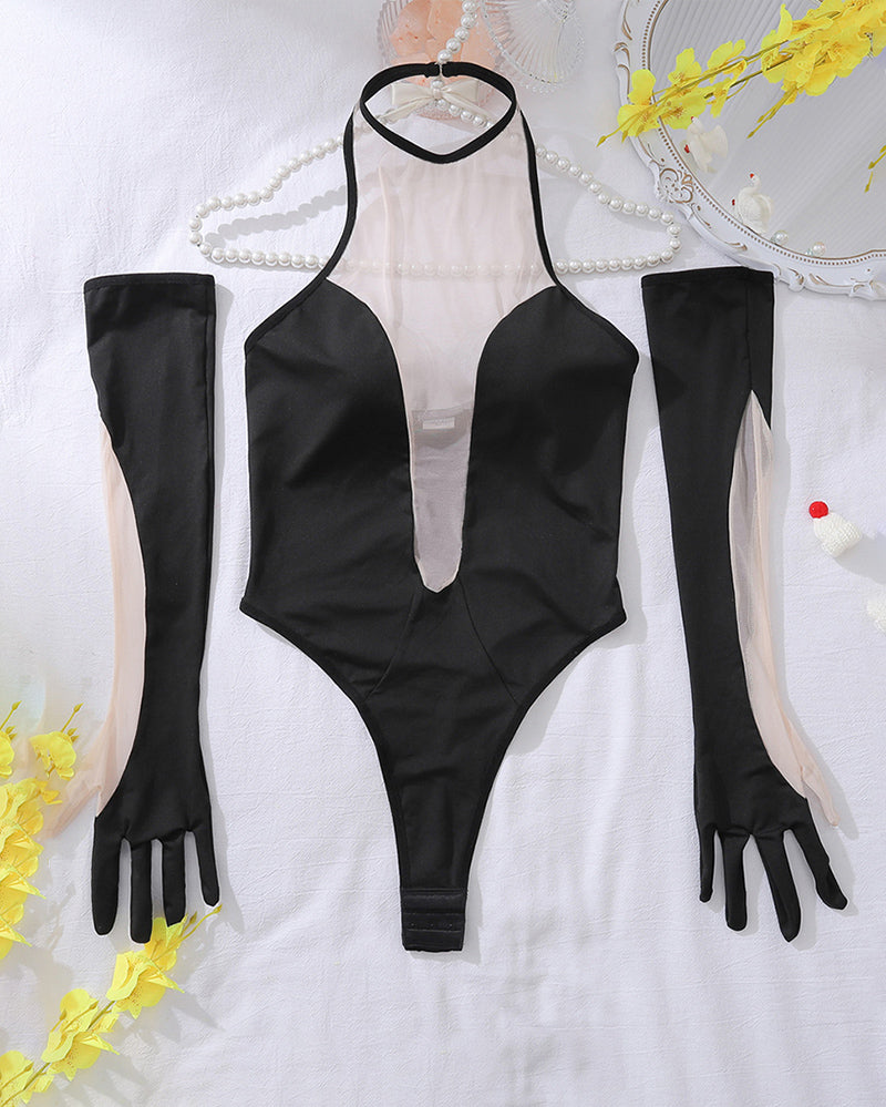 Lovingerie - Plunging Nude Mesh Panel Bodysuit