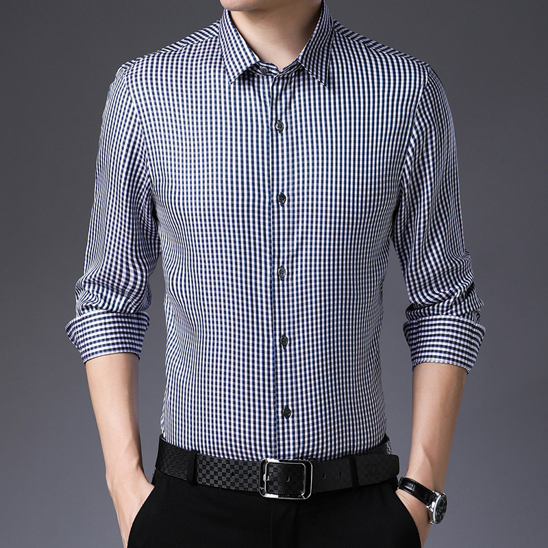 Men Fitted Lattice Long Sleeves Silk Shirt